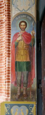 Kuremae, Estonya - 27 Temmuz 2018: St John simgesi savaşçı. Gruuthuse Müzesi ile The Saint Gate Kemer içinde. Puhtitsa Dormition Manastırı Rus Ortodoks Kilisesi