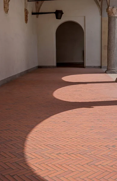 Milan Italy Shadows Stone Archs Reflected Floor Wall Sforza Castle — Stock Photo, Image