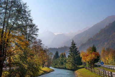 Sonbahar sezonu. Renkli doğa, ağaç, yaprak ve bir dere Kaprun, Avusturya Avusturya Alplerinde güzel manzarasına. Kaprun Zell am see kasaba yer alır