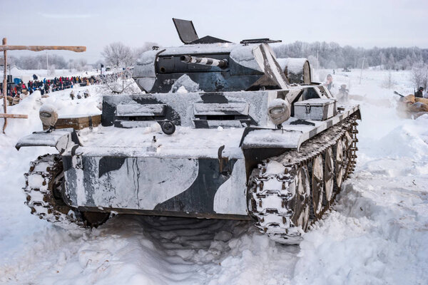 Krasnoye Selo, St. Petersburg, Russia - January 19, 2019: Military historical reconstruction - the battle for Leningrad. Operation-January thunder-. Tank PzKpfw II is preparing for battle.