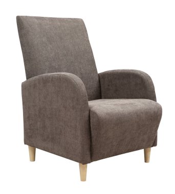 Beyaz arka planda izole edilmiş koltuk. Ahşap bacaklar üzerinde gri-kahverengi kumaş koltuk