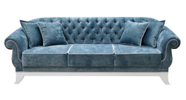 Klasik kanepe beyaz arka plan üzerinde izole. Kanepenin arka kısmı bir at arabası bağlantı elemanı ile dekore edilmiştir. Zarif beyaz taban