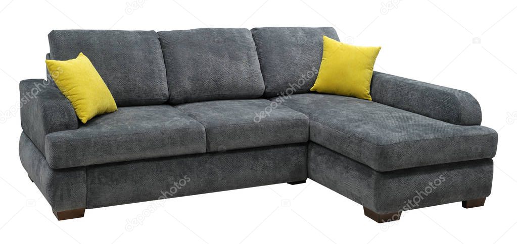 Corner sofa isolated on white background. Including clipping path. Colored decorative pillows