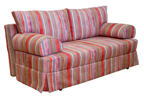 Kolorowa sofa w paski na białym tle. Paski z tkaniny czerwone, różowe, czekoladowe i fioletowe kolory. W tym ścieżka przycinająca — Zdjęcie stockowe