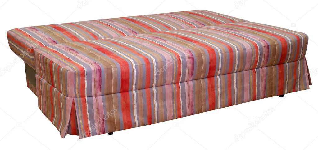 Colorful striped sofa on a white background. Stripes of cloth of red, pink, chocolate and violet colors. Sofa dismantled for sleep. Including clipping path