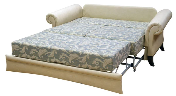 Elegant soffa isolerad på vit bakgrund. Soffan är lagd för sömn. Inklusive urklippsbana — Stockfoto