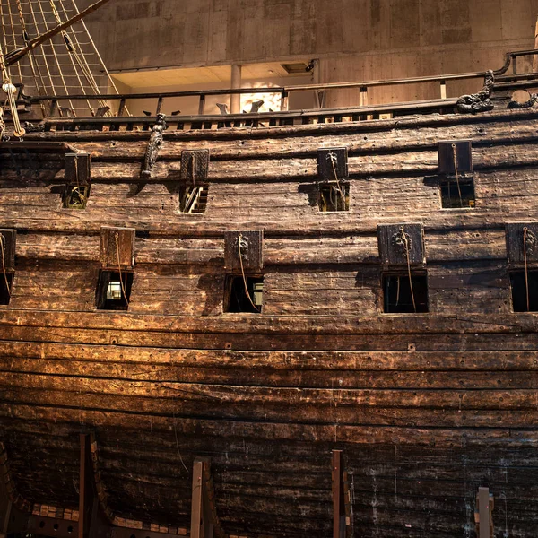 Stockholm, Sweden - April 20, 2019: Old sailing ship Vasa. Vasa Museum in Stockholm. View on board the ship with gun ports - windows for firing guns — Stock Photo, Image