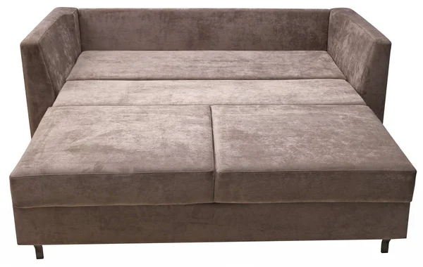 Braunes Sofa isoliert auf weißem Hintergrund. Blick von hinten. Das Sofa ist zum Schlafen ausgelegt. einschließlich Schneideweg — Stockfoto