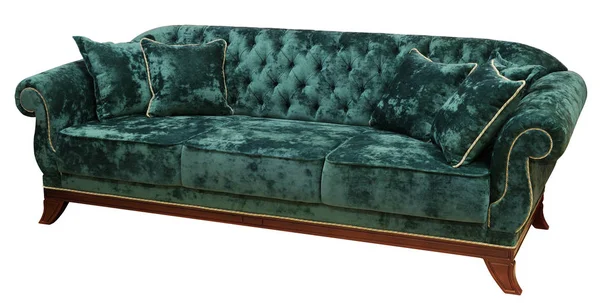Klassisches Sofa isoliert auf weißem Hintergrund. Die Rückseite des Sofas ist mit einem Kutschenhalter verziert. einschließlich Schneideweg — Stockfoto