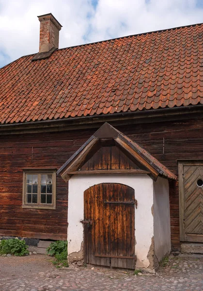 Skansen, the worlds oldest open-air museum. Old Swedish buildings. Outbuildings. Stockholm, Sweden — Stock Photo, Image