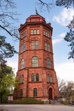 Djurgarden adasındaki Skansen Park 'ta yer alan bredablik Tower. Stockholm, Isveç