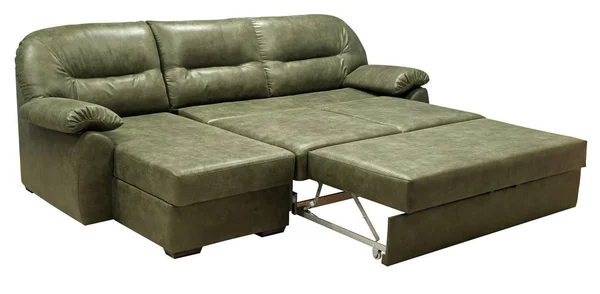 Γωνιακός καναπές που απομονώνεται σε λευκό φόντο. Συμπεριλαμβανομένου του μονοπατιού. Ο καναπές είναι στρωμένος για ύπνο. — Φωτογραφία Αρχείου