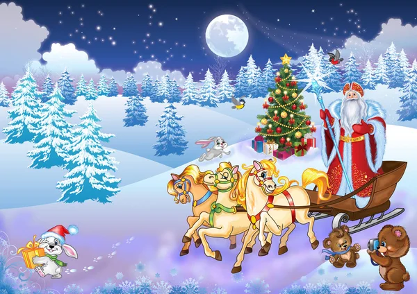 Graziosa Illustrazione Father Frost Ded Moroz Tradizione Invernale Natale Regali — Foto Stock