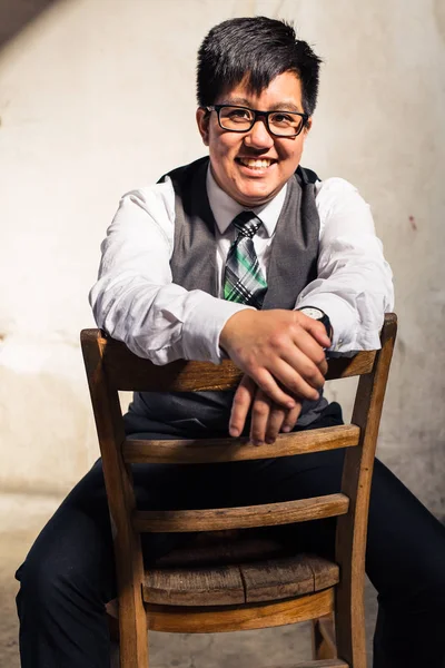 Young Transgender Man Formal Clothing Poses Grungy Urban Location — Stock Photo, Image