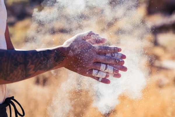 Dark Skinned Woman Arm Tattoos Taped Tingers Claps Her Hands — Stock Photo, Image