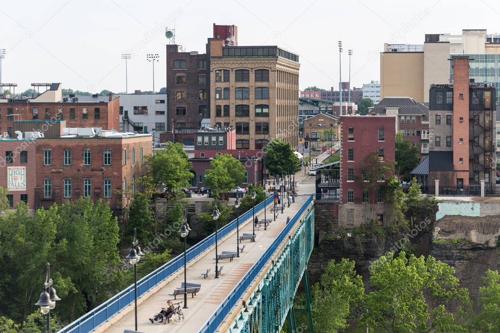 High Falls district in Rochester New York under cloudy summer skies