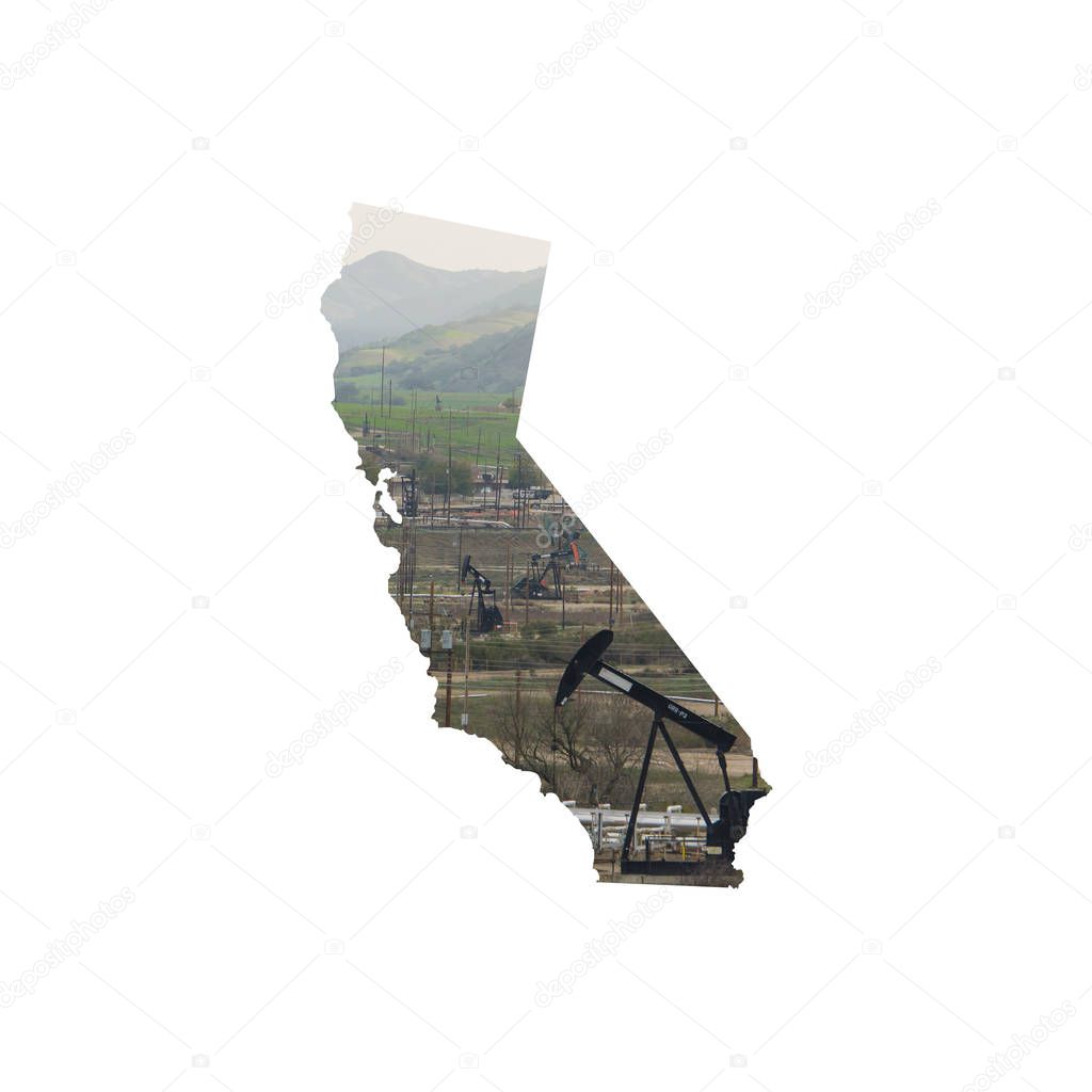 Silhouette of California featuring oil wells in a valley surrounded by green hillsides