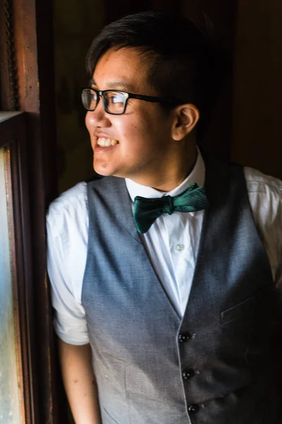 Young Transgender Man Formal Clothing Poses Grungy Urban Location — Stock Photo, Image