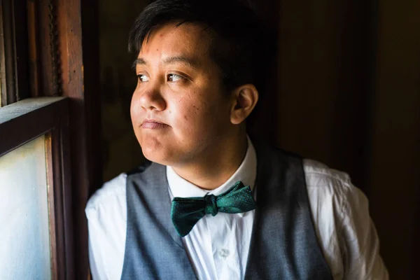 Young Transgender Man Formal Clothing Poses Grungy Urban Location — Stock Photo, Image