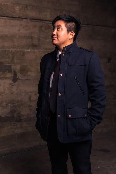 Young Transgender Man Formal Clothing Poses Grungy Urban Location — Stock Photo, Image