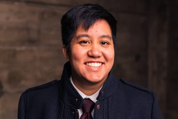 Young Transgender Man Formal Clothing Poses Grungy Urban Location — Stock Photo, Image