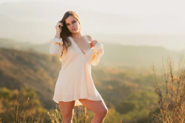 Junge Mischlingshündin Weißen Kleid Steht Bei Sonnenaufgang Über Einem Tal — Stockfoto