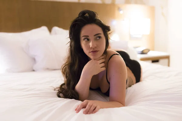 Young Caucasian Woman Wearing See Black Lingerie Relaxes Bed White — 스톡 사진