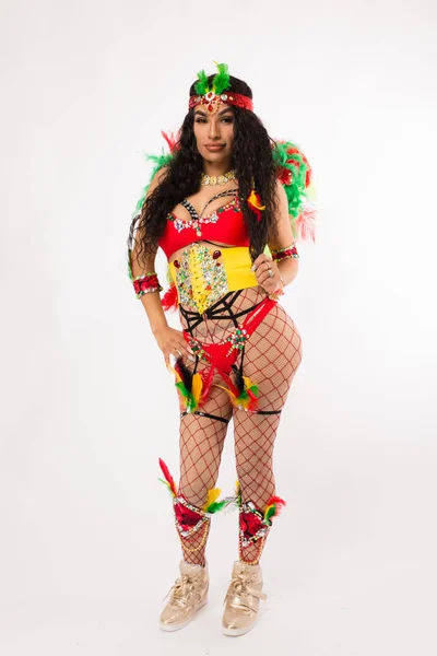 Vältränad Ung Mörk Haired Spansktalande Kvinna Carnaval Kostym Och Sportskor — Stockfoto