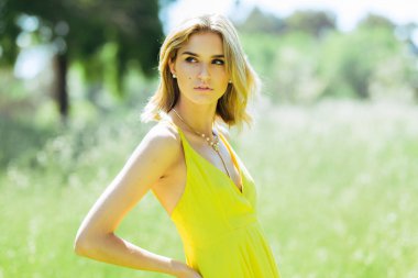 Uzun otların arasında poz dışında ince sarı güneş elbise içinde çekici genç sarışın beyaz bir kadın