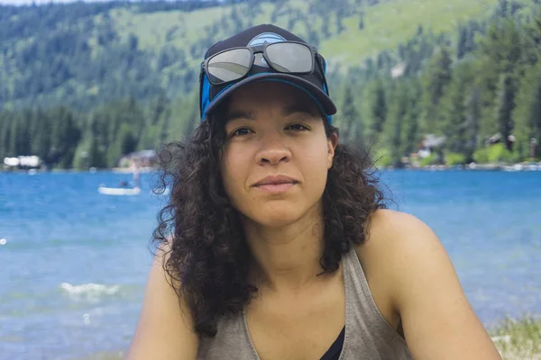 Closeup Mixed Race Fit Woman Relaxing Lake Tahoe Shade — Stock Photo, Image