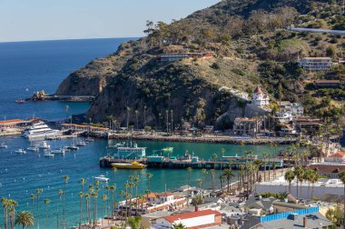 Erken gündoğumu ışığında Catalina Adası'nda Avalon limanının görünümü.