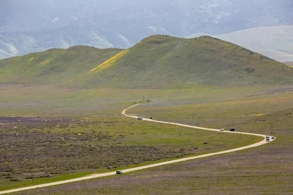 Estrada Estende Para Distância Planície Carrizo Durante Superflor Flores Silvestres — Fotografia de Stock