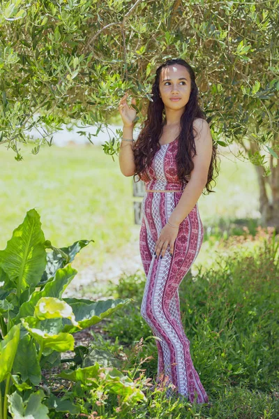 Karışık ırk genç kadın bir çiftlikte bir zeytin ağacının altında duruyor — Stok fotoğraf