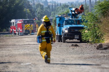 San Jose, CA-Temmuz 15 2019: Itfaiyeciler çim yangına cevap 