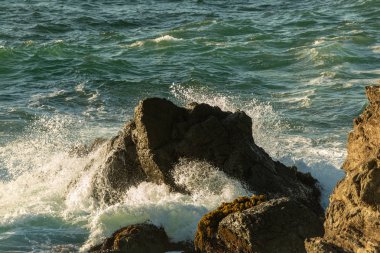 Mendocino sahilinin kayalık kıyı şeridinde okyanus dalgaları çöküyor