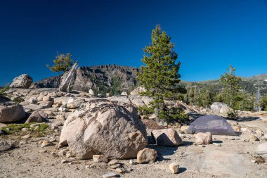 Granit kayalar ve ağaç s arasında eğimli küçük sırt çantası çadırı