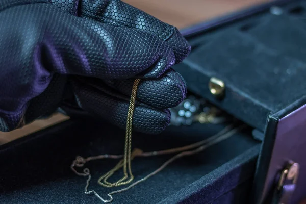 Burglar Steals Jewelry Casket Gloves — Stock Photo, Image