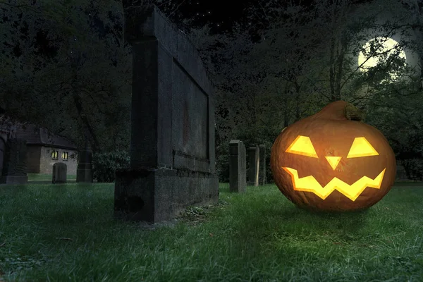 Um perverso sorrindo abóbora halloween encontra-se em um cemitério — Fotografia de Stock