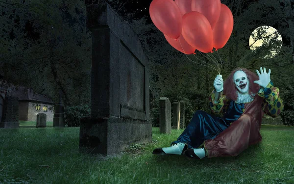 Ein gruseliger Clown mit Luftballons in der Hand auf einem Friedhof — Stockfoto