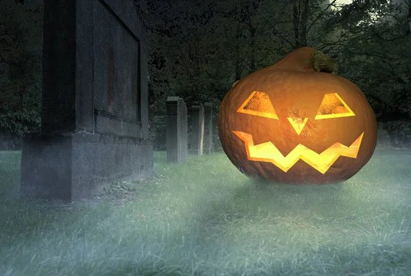 Assustador Sorriso Halloween Abóbora Encontra Cemitério — Fotografia de Stock