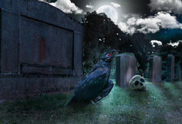 a crow sits on a cemetry in front of a tombstone