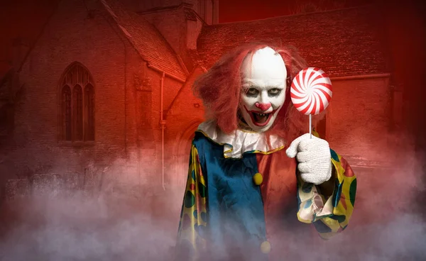 Scary Clown Front Old Church Tries Lure Lolly — Stock Photo, Image