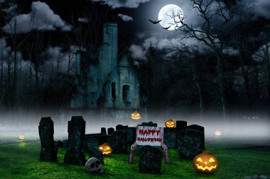 a halloween background with a cemetry with pumpkins and a castle clipart
