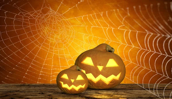 Fundo Assustador Halloween Com Abóboras Sorridentes Uma Teia Aranha — Fotografia de Stock