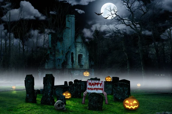 Fondo Halloween Con Una Cemetría Con Calabazas Castillo — Foto de Stock