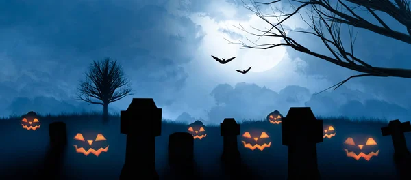 Muitas Abóboras Assustadoras Halloween Sorrindo Cemitério — Fotografia de Stock