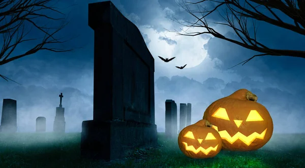 Fundo Assustador Halloween Com Abóboras Sorridentes Cemitério — Fotografia de Stock