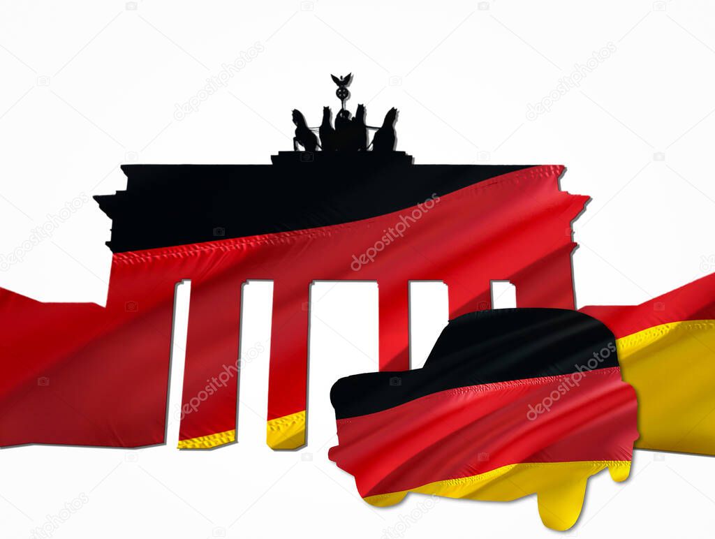 an illustration of the brandenburg gate with german flag and a trabant