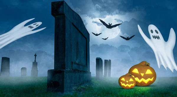 Espeluznante Fondo Halloween Con Fantasmas Cementerio — Foto de Stock