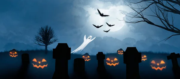 Fundo Assustador Halloween Com Abóboras Fantasma Cemitério — Fotografia de Stock